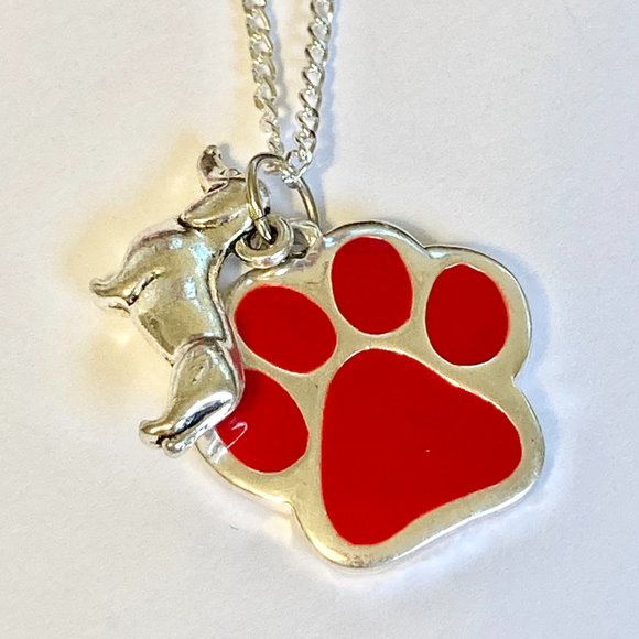 Dachshund Dog Paw Print Necklace Doxie 24" Chain Silver Plated Red Enamel - Picture 4 of 10